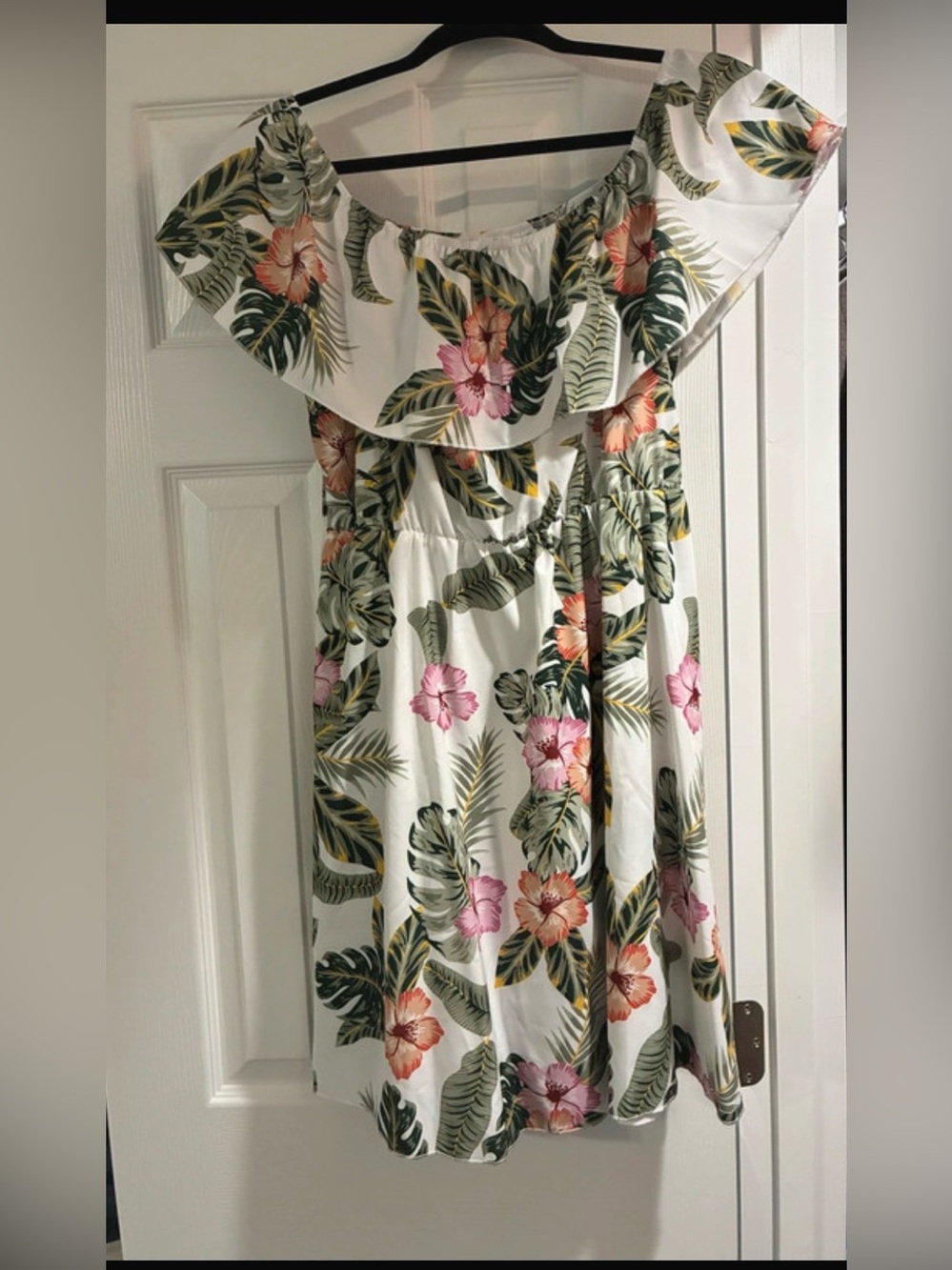 White Tropical Floral Ruffle Dress